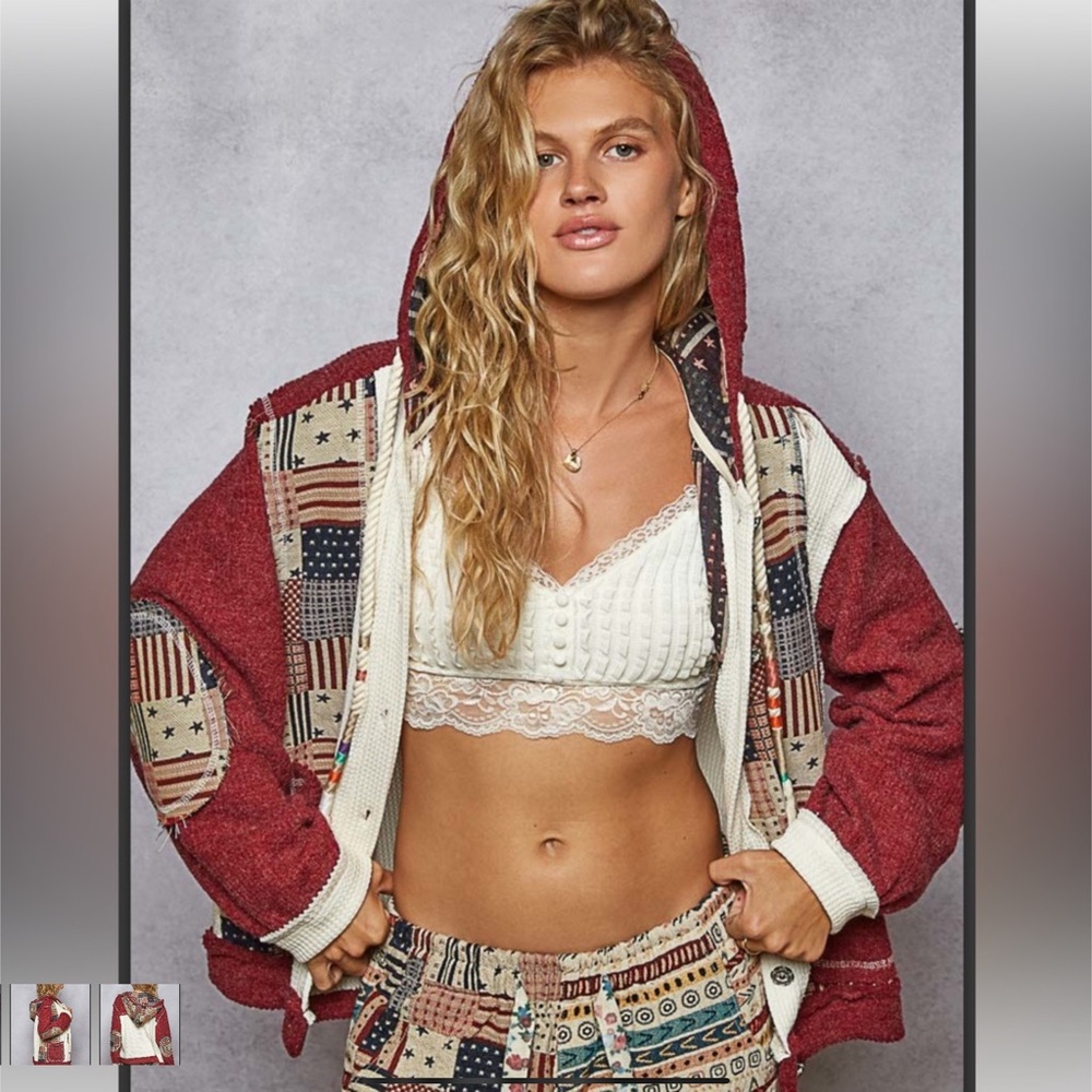 Women's Red Patchwork Hooded Jacket